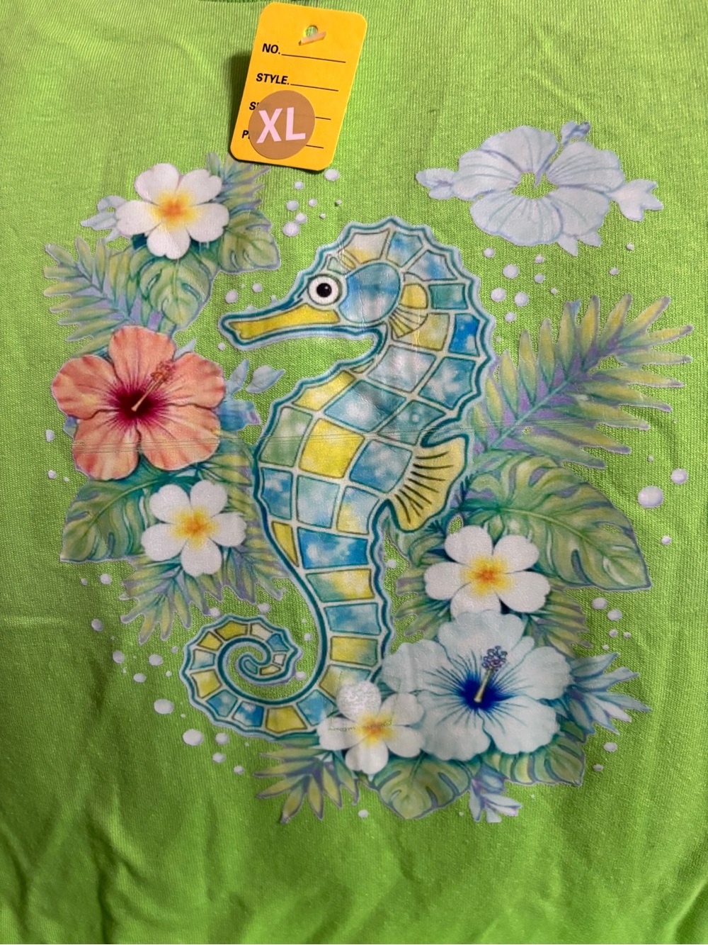 NEW Tropical Seahorse Graphic Tee — Lime Green size XL